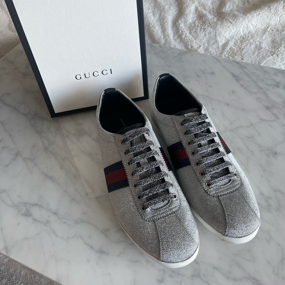 Gucci Glitter Silver Sneakers “Bambi” with Red and Blue Stripe - Picture 6 of 7